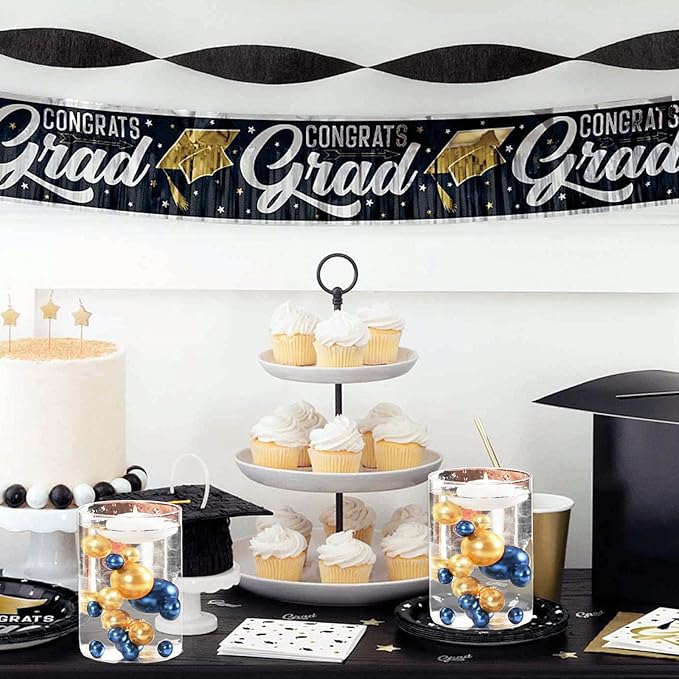 Blue Gold Vase Filler | 150PCS Pearls Bead for Centerpieces Vases | 8/14/20 mm No Hole Beads, Fake Pearls for Wedding Birthday 2025 Graduation Party Table Centerpieces Decor