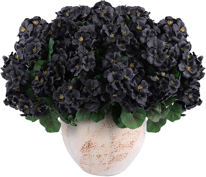 Hananona 6 Pcs Artificial Geranium Flowers for Outdoors Geranium Silk Flowers Outdoor UV Resistant Garden Plants Faux Black Flower for Home Kitchen Halloween Table Centerpieces Decor (6, Black)