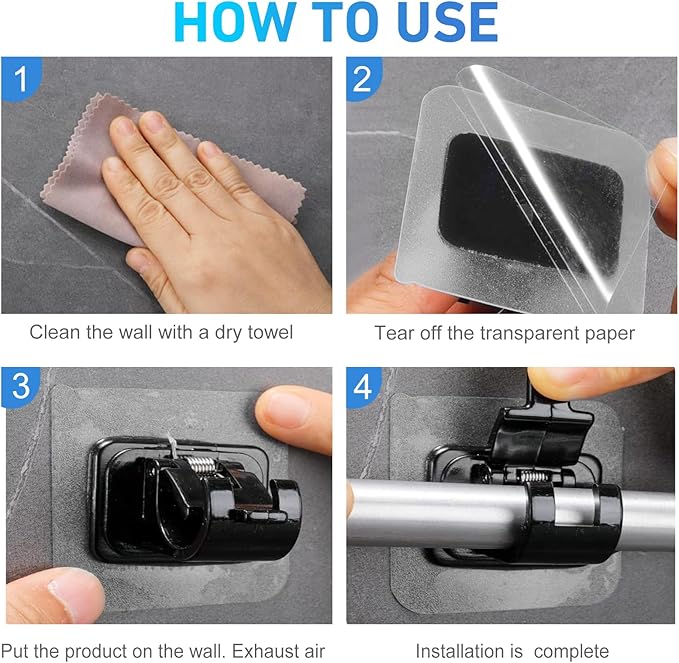 12PCS Self Adhesive Curtain Rod Holder, No Drill Curtain Rod Brackets, Nail Free Adjustable Curtain Rod Hooks, Curtain Rods No Drilling for Windows Home Kitchen Bedroom Hotel (Black)