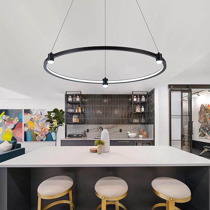 Modern Led Pendant Light Fixture Modern Led Chandelier Dimmable 23.6" Black 1 Circular Ring Hanging Pendant Lighting Fixture for Living Room Dining Room Kitchen Office Foyer 3000K 4000K 6000K
