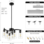 6 Light Modern Farmhouse Chandelier，Black Dining Room Light Fixture，Kitchen Pendant Lights Over Island with Glass Shade