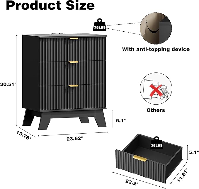 Fluted Nightstand with Charging Station, 24" Wide Bedside Table with 3 Large Storage Drawers, Modern Wood Side Table Night Stand, End Table Small Dresser for Bedroom, Living Room, Dorm, Black