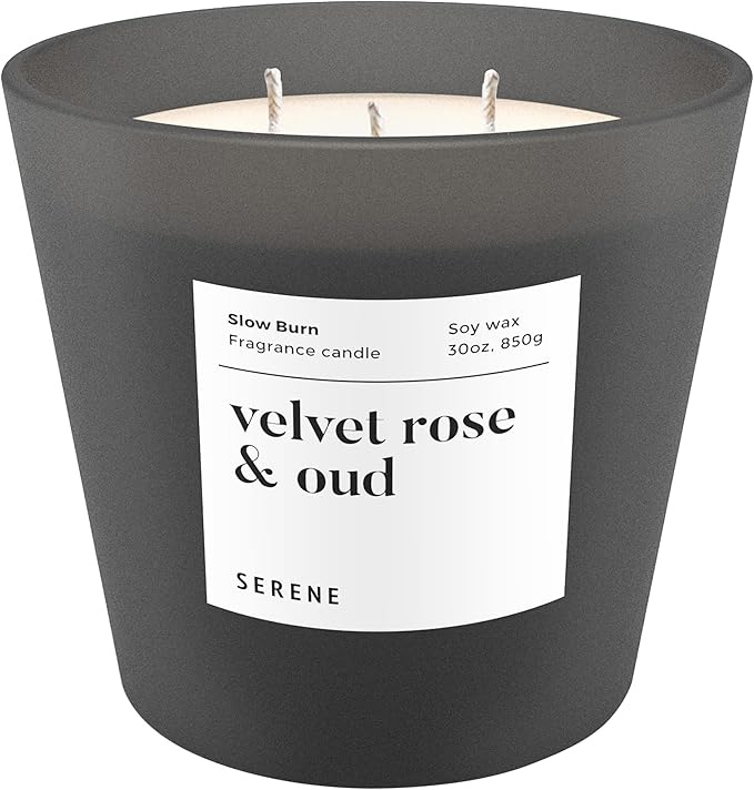 Hidden Label Large Scented Candle, Velvet Rose & Oud, 30oz 3 Wick Huge Candle, Serene Collection Slow Burn Natural Soy Candles for Home Scented