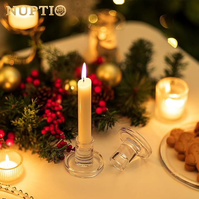 NUPTIO Glass Taper Candle Holders: Set of 2 Clear Small Candlestick Tapered Holder for Candles Sticks Modern Short Tapers Candleholders for Wedding Christmas Thanksgiving Party Table Decor