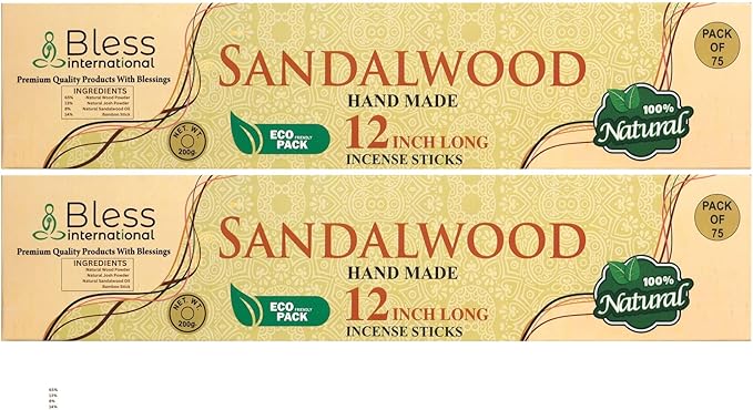 Bless-International-Sandalwood 100%-Natural-Handmade-Incense-Sticks Organic-Chemicals-Free-for-Relaxation-Positivity-Yoga-Meditation 12-Inches-1-Hour-Plus-Burning-Time-150-Sticks-14-OZ