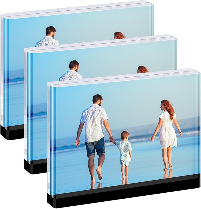 Magnetic Acrylic Picture Frames – Thick Double-Sided Clear Display, Black Base Decorative 5x7 Photo Frame for Home & Office Desktop (3-Pack, Horizontal)