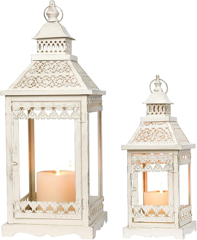 NEEDOMO Lanterns Decorative Outdoor & Indoor, Set of 2 Outdoor Lanterns for Porch,Large Square Candle Lantern, Beige Metal Frame with Glass for Fall, Christmas