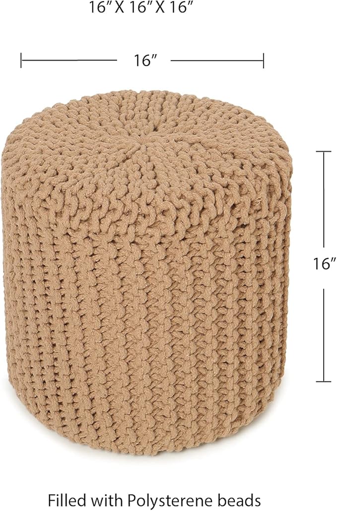 REDEARTH Pouf Ottoman - Cylindrical Knitted Poof - Cord Boho Pouffe - Cotton Round Foot Stool Puff for Home Decor - Living Room - Nursery - Bedroom - Patio - Lounge (16" x 16" x 16") - Beige