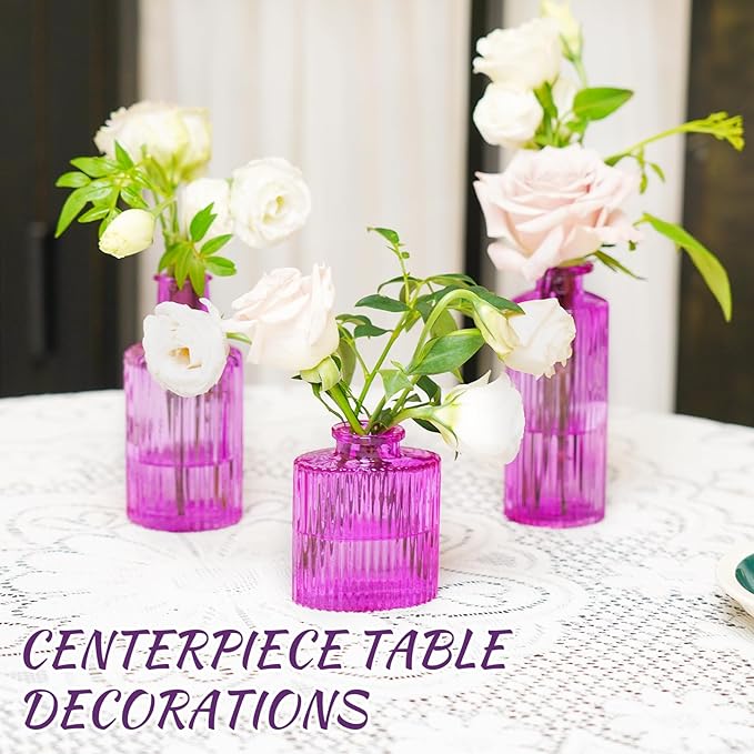 12PCS Hot Pink Vase for Flowers, Small Glass Bud Vases for Centerpieces Purple Flower Vase in Bulk for Home Office Decor