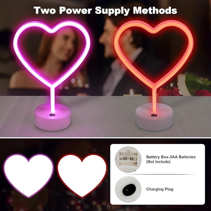 BRIGHTDECK 2 Pack Heart Neon Signs, LED Pink Lights Battery Operated or USB Powered Decoration Lamp, Neon Lights Heart Decor for Valentine's Day Gifts, Wedding, Party, Pink Room Decor