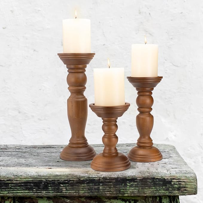 Rustic Wooden Pillar Candle Holders Set of 3, 12'' 9'' 6'' Farmhouse Wood Candle Stand for Table Centerpieces, Vintage Tall Candleholders Fireplace Mantel Decor for Living Room, Brown