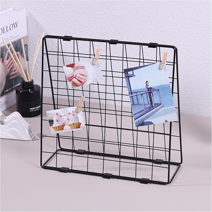 Photo Display Rack, Note Display Rack, Double sided Photo Metal Rack, Desk Photo Manager, With 20 Wooden Clips, Black