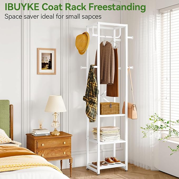 IBUYKE Coat Rack with Shelves, Freestanding Hall Tree with 3 Shelves and 8 Hooks, Industrial Clothes Stand for Entryway, Hallway, Bedroom, White UTMJ088W