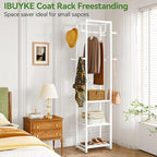 IBUYKE Coat Rack with Shelves, Freestanding Hall Tree with 3 Shelves and 8 Hooks, Industrial Clothes Stand for Entryway, Hallway, Bedroom, White UTMJ088W