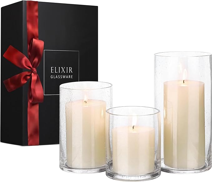 ELIXIR GLASSWARE Glass Candle Holder - Large Hand Blown Bubble Hurricane Pillar Candle Holders - Perfect for Centerpiece or Vase - Clear Hurricanes for Tall Candles - Set of 3