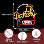 Dimmable Bakery Open Neon Sign USB Open Light Up Sign for Wall Decor Brighter LED Bakery Open Neon Light for Bakery Cake Shop Dessert House Business Decor(12.8 * 12.8 In)