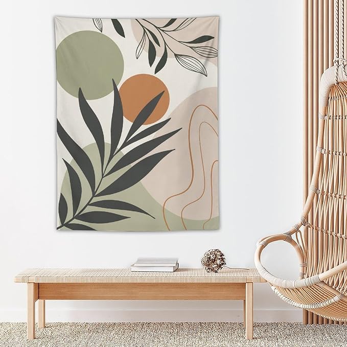 Abstract Bohemian Mid Century Tapestry, Tropical Leaves Modern Geometric Archway Minimalist Bohemian Botanical Aesthetic Wall Hanging, Sage Green Gold Home Decor Art for Bedroom 60x80 Inch