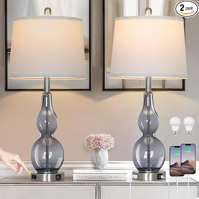 27.5" Gray Clear Glass Table Lamp Set of 2,3-Way Dimmable Touch Control Bedside Lamps with USB Ports and AC Outlet, Modern Nightstand Lamps for Bedroom Living Room