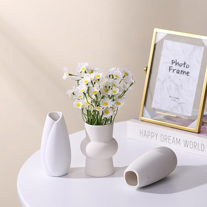 Set of 9 Ceramic Bud Vases for Pampas Grass Flowers, Small Vases in Bulk for Centerpieces Boho Vases for Wedding Decorations Neutral Living Room and Bedroom Decor DIY Gift (White-3)