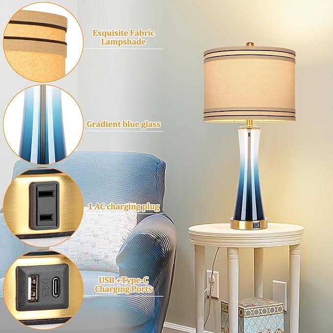 27.4''Table Lamps for Living Room Set of 2，3-Way Dimmable Modern Glass Bedside Lamps with USB Ports，Tall Lamps for Night Stands，Touch End Table Lamps for Bedroom Desk Lamps for Home Office（Blue）