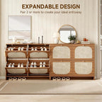 Nicetree Freestanding Arched Rattan Accent Ultra Slim Shoe Cabinet for Entryway - 4 Flip Drawers & 3-Tier Adjustable Shelves, Farmhouse Modern Rustic Shoe Rack for Hallway, Foyer, Living Room