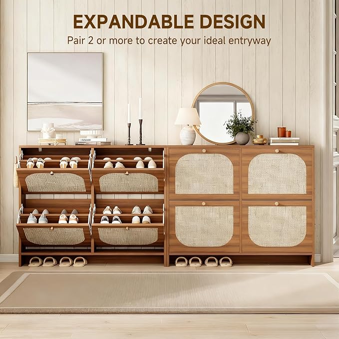 Nicetree Freestanding Arched Rattan Accent Ultra Slim Shoe Cabinet for Entryway - 4 Flip Drawers & 3-Tier Adjustable Shelves, Farmhouse Modern Rustic Shoe Rack for Hallway, Foyer, Living Room