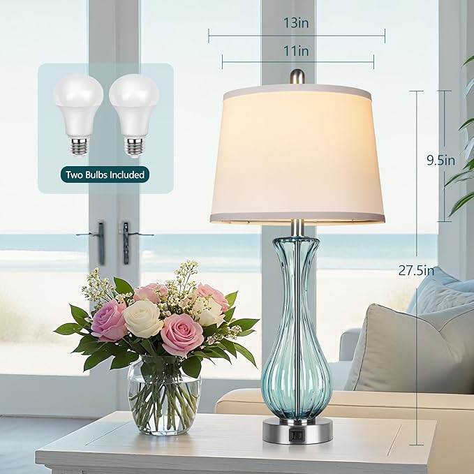 27.5" Coastal Glass Table Lamp Set of 2, 3-way Dimmable Full Touch Control Beach Lamp with USB A+C Port, Glass Nautical Bedside Lamp with White Shade for Living Room Bedroom(LED Bulbs Included)
