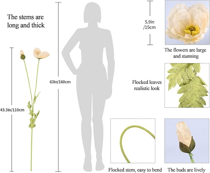 IPOPU 43.3" Poppy Flowers Artificial Flowers 6PCS Fake Silk Poppies Long Stem Artificial Flowers for Tall Vase for Wedding Party Home Decor(Champagne)