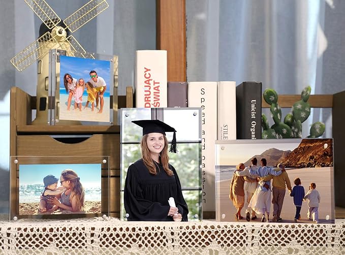 HELPLEX Acrylic Frame, 5 Pack 5x7 Acrylic Picture Frames, 24mm Thicker Frameless Clear Frame Double Sided Magnetic Frame, Free Standing Desktop Display Stand