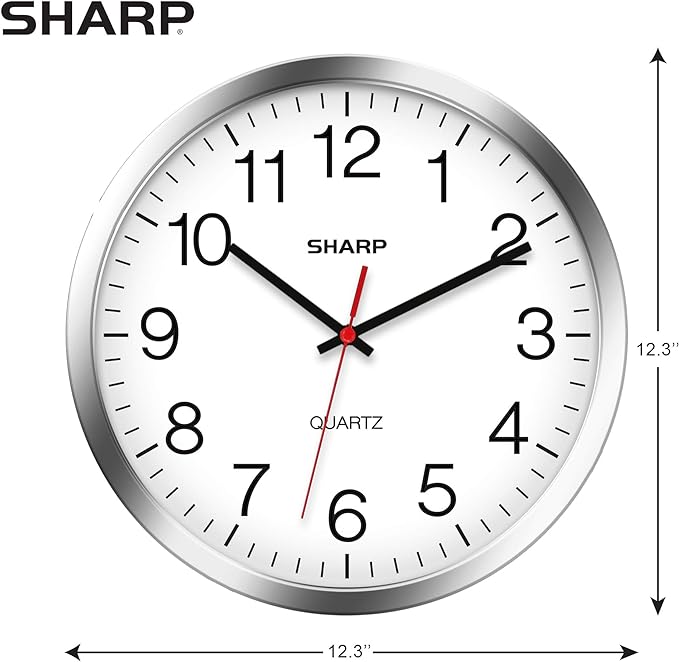 Sharp Wall Clock – Silver/Chrome, Silent Non Ticking 12 Inch Quality Quartz Battery Operated Round Easy to Read Home/Kitchen/Office/Classroom/School Clocks, Sweep Movement