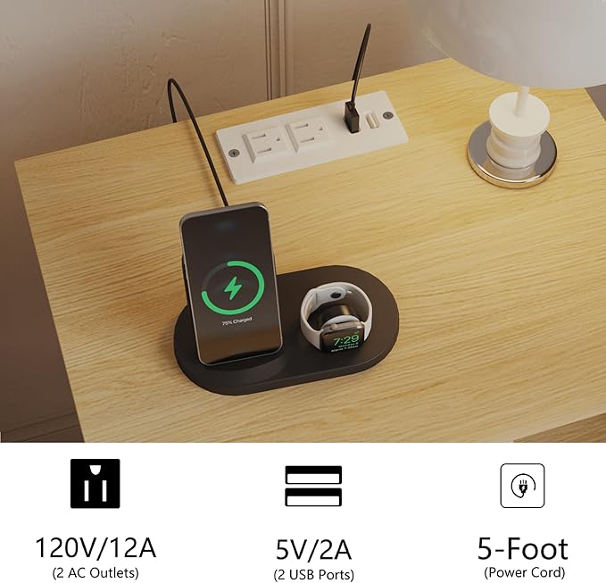 Rattan Nightstand with Charging Station,Farmhouse Bedside Table with 2 Storage Drawer and Open Wood Shelf, for Bedroom and Small Spaces,Night Stand with Solid Wood Legs (Yellow Oak-Outlet)