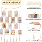 Macrame Hanging Photo Display Boho Wall Decor with String Lights Wooden Beads Garland Picture Frame Collage Holder with 30 Clips for Room, Bedroom, Dorm, Christmas Teenage Teen Girl Gifts (Beige, Medium)