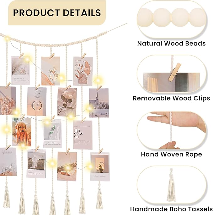 Macrame Hanging Photo Display Boho Wall Decor with String Lights Wooden Beads Garland Picture Frame Collage Holder with 30 Clips for Room, Bedroom, Dorm, Christmas Teenage Teen Girl Gifts (Beige, Medium)