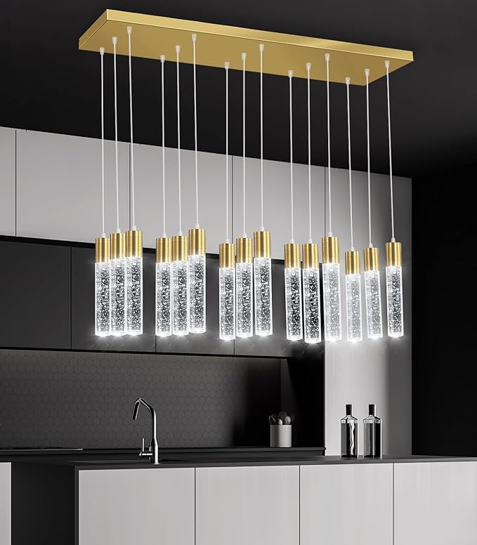 15-Lights Modern LED Pendant Lighting Fixture for Kitchen Island Crystal Chandelier Light Fixtures for Dining Room Living Room Gold