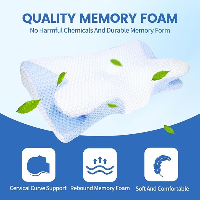 Contour Memory Foam Sleeping Pillows, Bed Pillow for Neck and Shoulder Pain, 2 in 1 Ergonomic Neck Cervical Pillow - for Side,Back,Stomach Sleepers - Neck Pain Relief