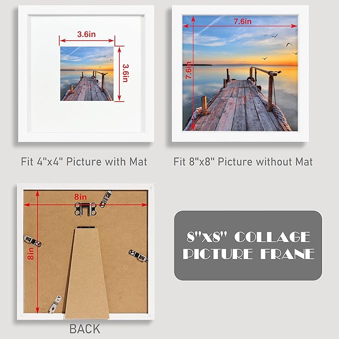8x8 Picture Frames with Real Glass, White Wooden Square Photo frame Set of 3, Displays 4x4 Picture With Mat or 8x8 Without Mat, Desktop & Wall Collage Frame set