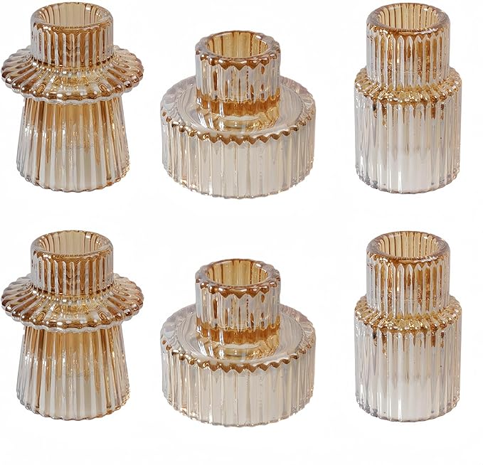 Double Sided Vintage Ribbed Taper Glass Candle Holders,Tea Candle Holder for Table Centerpieces, Wedding Decorations and Dinner Parties (Gold, 6PCS)