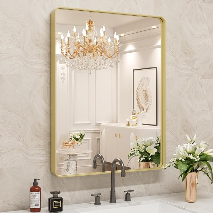 WEER Gold Bathroom Mirror, 24X36 Inch Brushed Gold Metal Frame Mirror, Rounded Rectangle Gold Bathroom Vanity Mirror for Wall, Tempered Glass, Anti-Rust, Hangs Horizontally or Vertically
