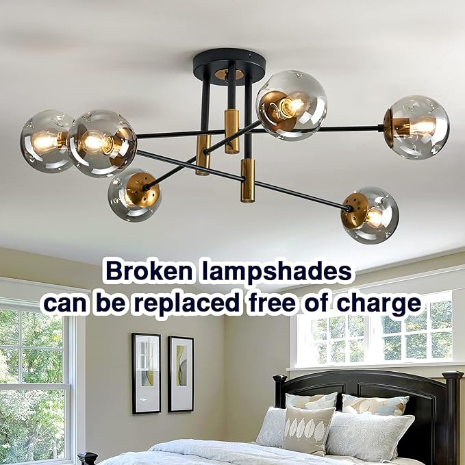 SZXYKEJI 6-Lights Glass Chandelier，Modern Flush Mount Ceiling Light Fixture，Farmhouse Lighting for Dining Room Living Room Bedroom Kitchen Passageway..