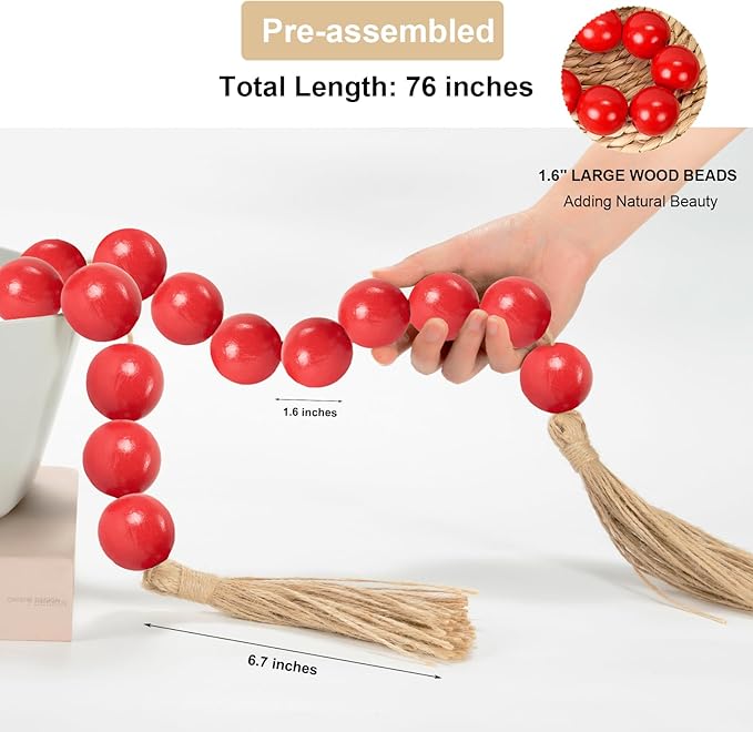 OMISHE 76" Long Large Wood Bead Garland with 1.6" Diameter Wooden Beads and Tassels, Rustic Farmhouse Country Wood Beads Garland for Home Tiered Tray Decor, Decorative Beads with Tassels Red