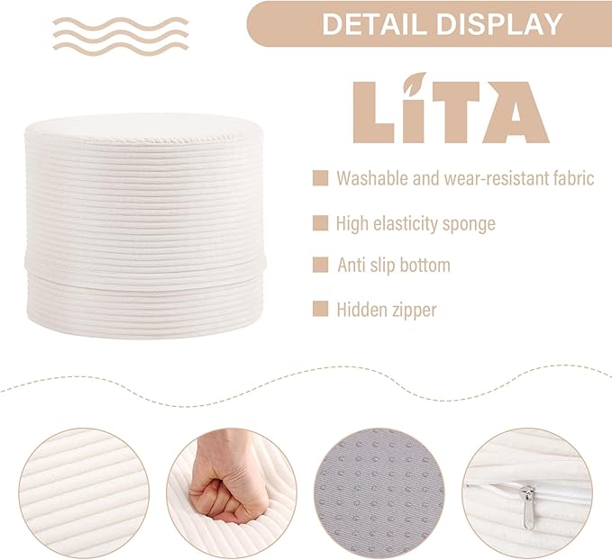 LITA Round Stuffed Pouf Ottoman, Velvet Poufs with High-Density Foam Filling and Washable Cover, Furry and Fluffy Bean Bag Foot Stools Ottoman for Living Room, Bedroom, Office, Beige