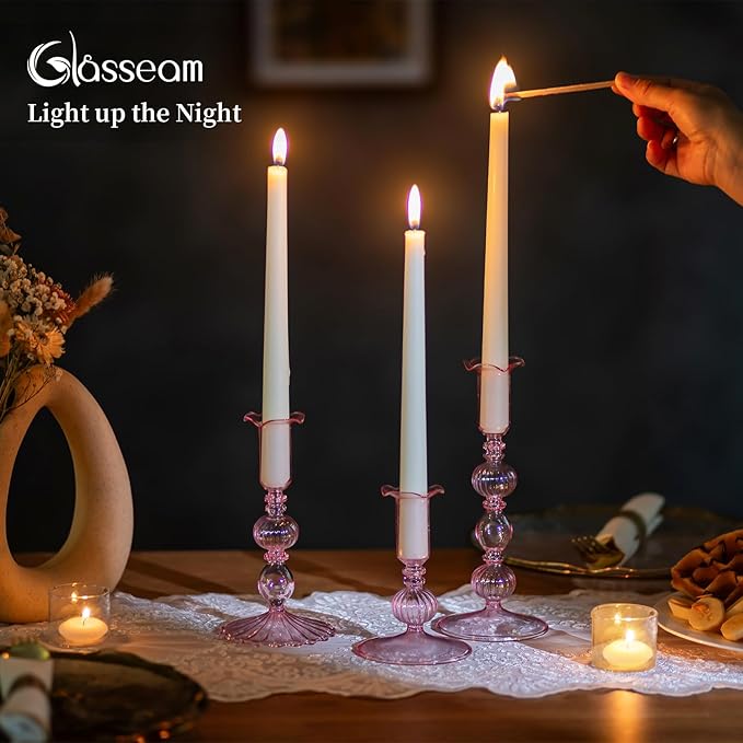 Glasseam Tapered Candlestick Holders Pink: Set of 3 Glass Candle Sticks Holder Decor with Bobeche Modern Ribbed Taper Candle Holders for Table Centerpiece Valentines Wedding Home Decorations
