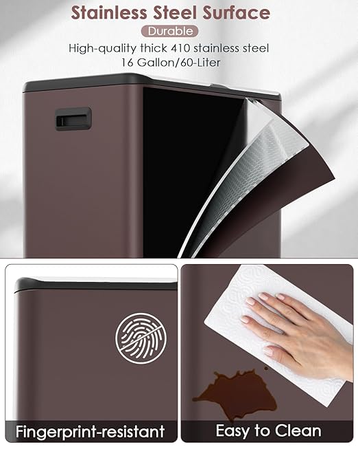 Arlopu 16Gal Dual Trash Can w/2 Built-in Box for Odor Control, Hands-Free Kitchen Garbage Bin, Recycle Waste Dustbin, Soft-Close Lid, 2 Buckets,Foot Pedal, Side Handle, Airtight,for Home Office