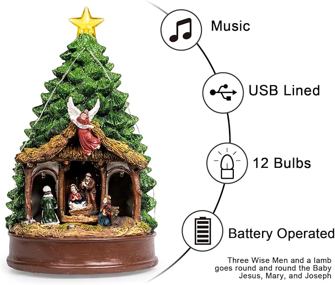 Christmas Tree Animated Ratating Manger Nativity Scene, Musical Angel Holy Family Figurines LED Light Play Silent Night Music, Xmas Decor Gift, Tabletop Decorative Holiday Home Decorations