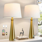 Seealle Modern Table Lamps Set of 2 - Touch Bedside Lamp for Nightstand with USB C+A,3-Way Dimmable Coppery Nightstand Lamps for Living Room Bedroom End Table with White Shade(Bulb Included)