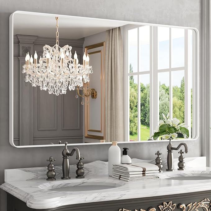 WEER White Bathroom Mirror 50X30 Inch, Rounded Rectangle White Metal Frame Mirror, Matte White Bathroom Vanity Mirror with Tempered Glass, Anti-Rust, Hangs Horizontally or Vertically