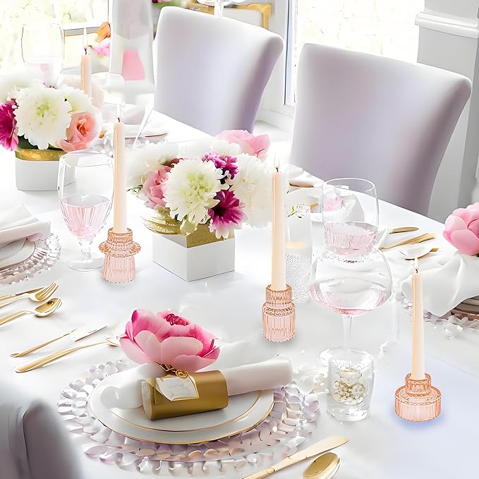 Double Sided Vintage Ribbed Taper Glass Candle Holders,Tea Candle Holder for Table Centerpieces, Wedding Decorations and Dinner Parties (Orange Pink, 3 PCS)