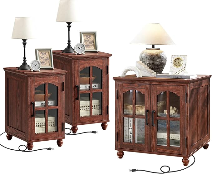 Farmhouse End Table Set of 3 with Charging Station, 18'' Narrow Side Table and 24" Large Sofa Side Table with Glass Barn Door Storage, Wood Night Stand Bedside Table for Living Room,Bedroom