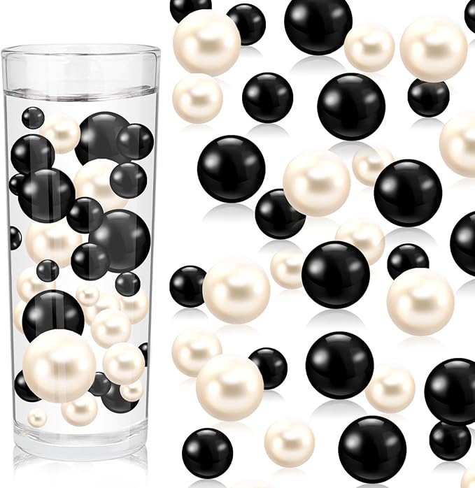 200PCS Black White Faux Pearls Beads for Centerpiece Vases, Vase Filler Faux Pearls, No Holes Filler Beads for Party Anniversary Birthday Wedding Table Decor, 10/14/20/30mm
