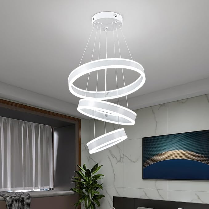 O'NEELDY Modern LED Chandeliers Adjustable Hanging White Pendant Light Fixture 3 Ring Flush Mount Chandeliers for Bedroom,Kitchen,Island Cafe